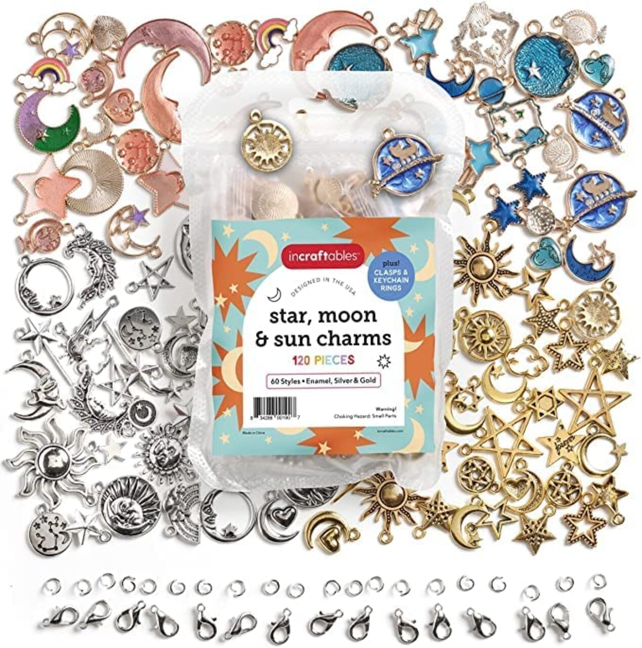 Incraftables Sun, Moon & Star Charms Pendants for DIY Bracelets, Jewelry, Keychain & Necklace Making. Bulk Mixed Assorted Enamel, Gold & Silver Charm set for Kids & Adults 120pcs (60 styles).